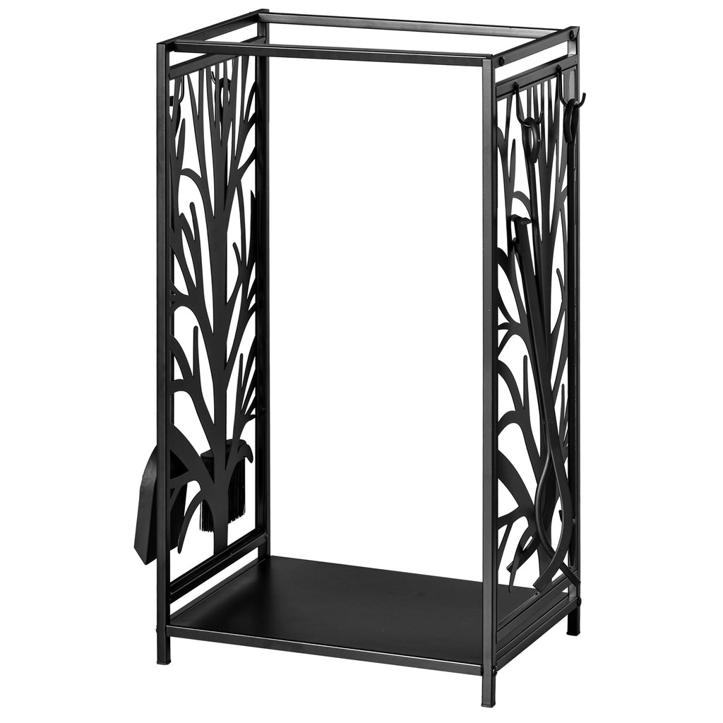 Porte bûches - Range bûches Serviteur de cheminée Arbre - Multi Accessoires étagère 46L x 29l x 70H cm Acier Noir-9