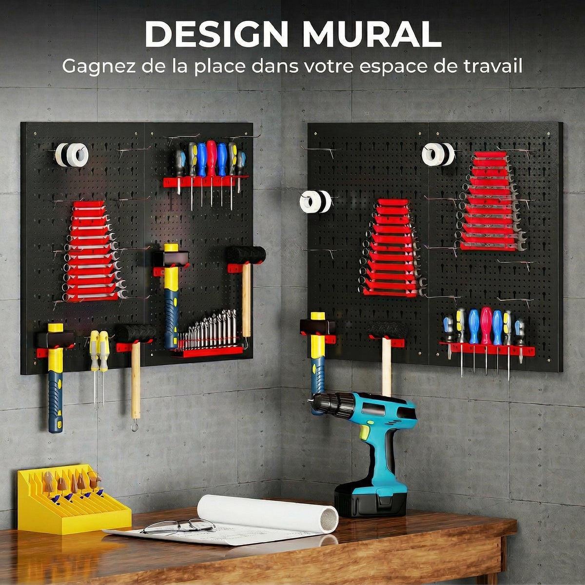 panneau perforé mural 600 x 400 mm, organiseur garage en acier avec 4 panneaux perforés, noir et rouge-5