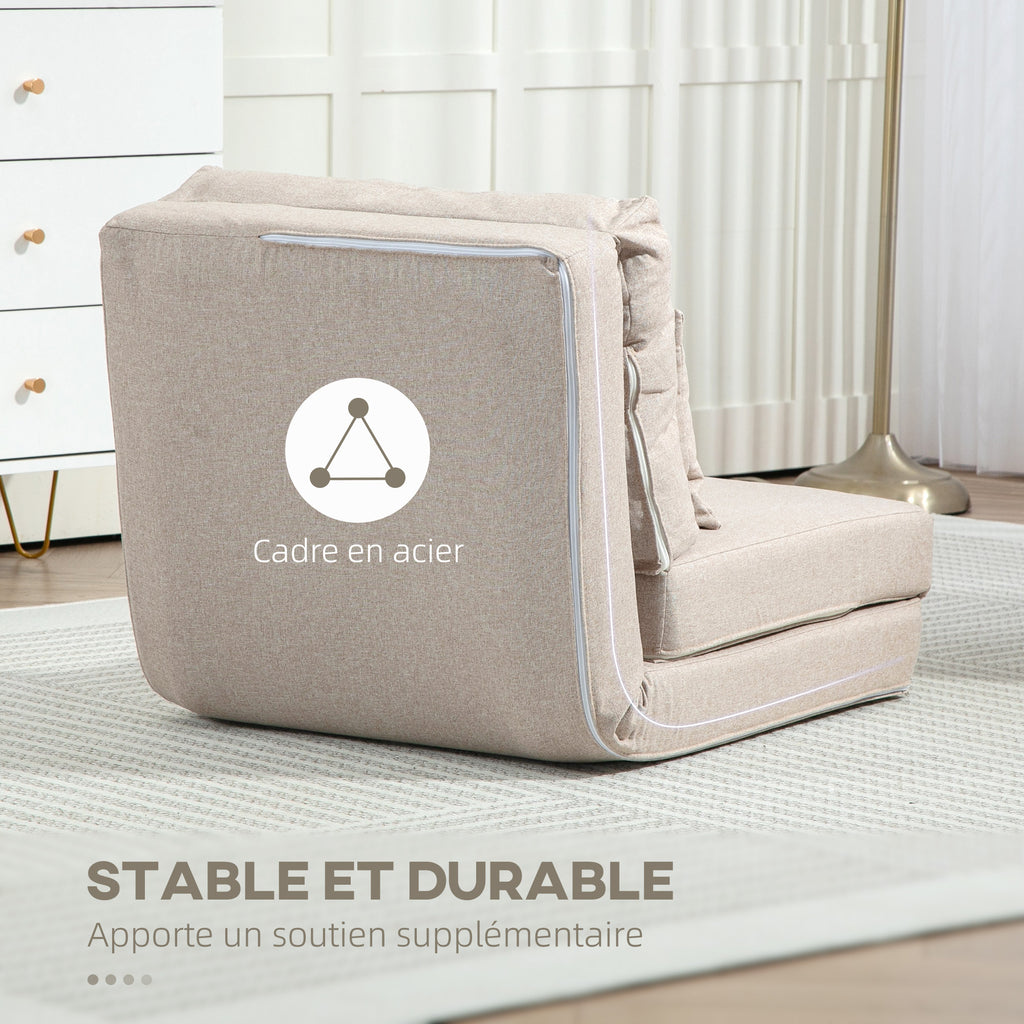 Chauffeuse canapé-lit convertible fauteuil 1 place avec 1 coussin avec dossier réglable, beige-6