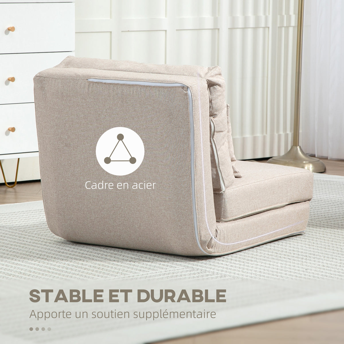 Chauffeuse canapé-lit convertible fauteuil 1 place avec 1 coussin avec dossier réglable, beige-6