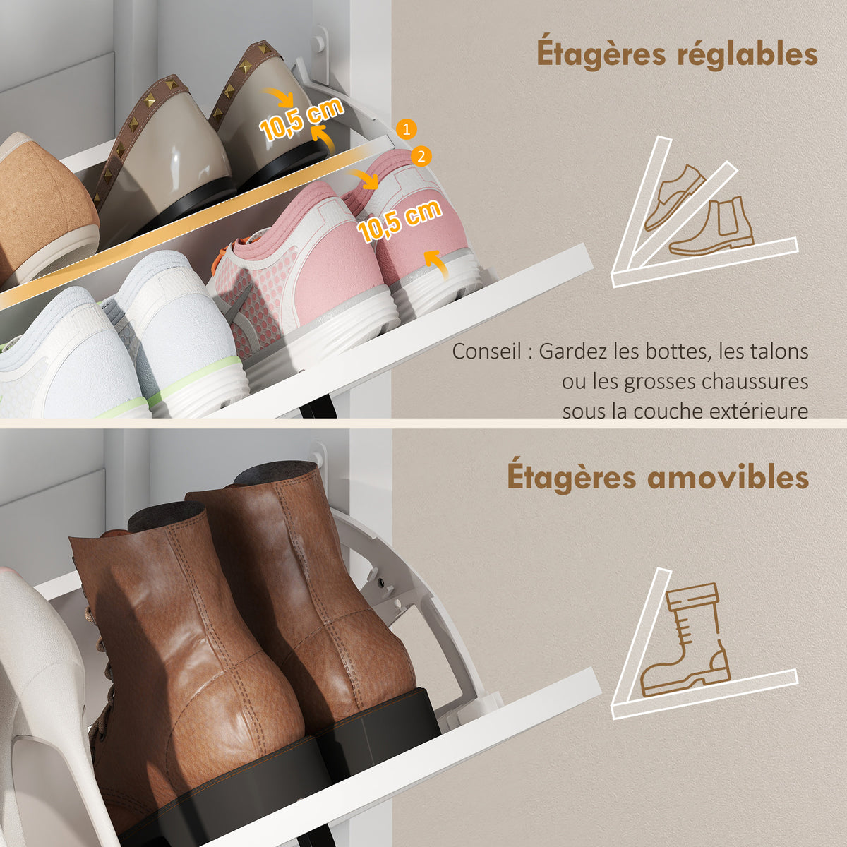 Meuble à chaussures 18 paires, armoire à chaussures étroite avec 3 tiroirs rabattables et étagères réglables, blanc-5