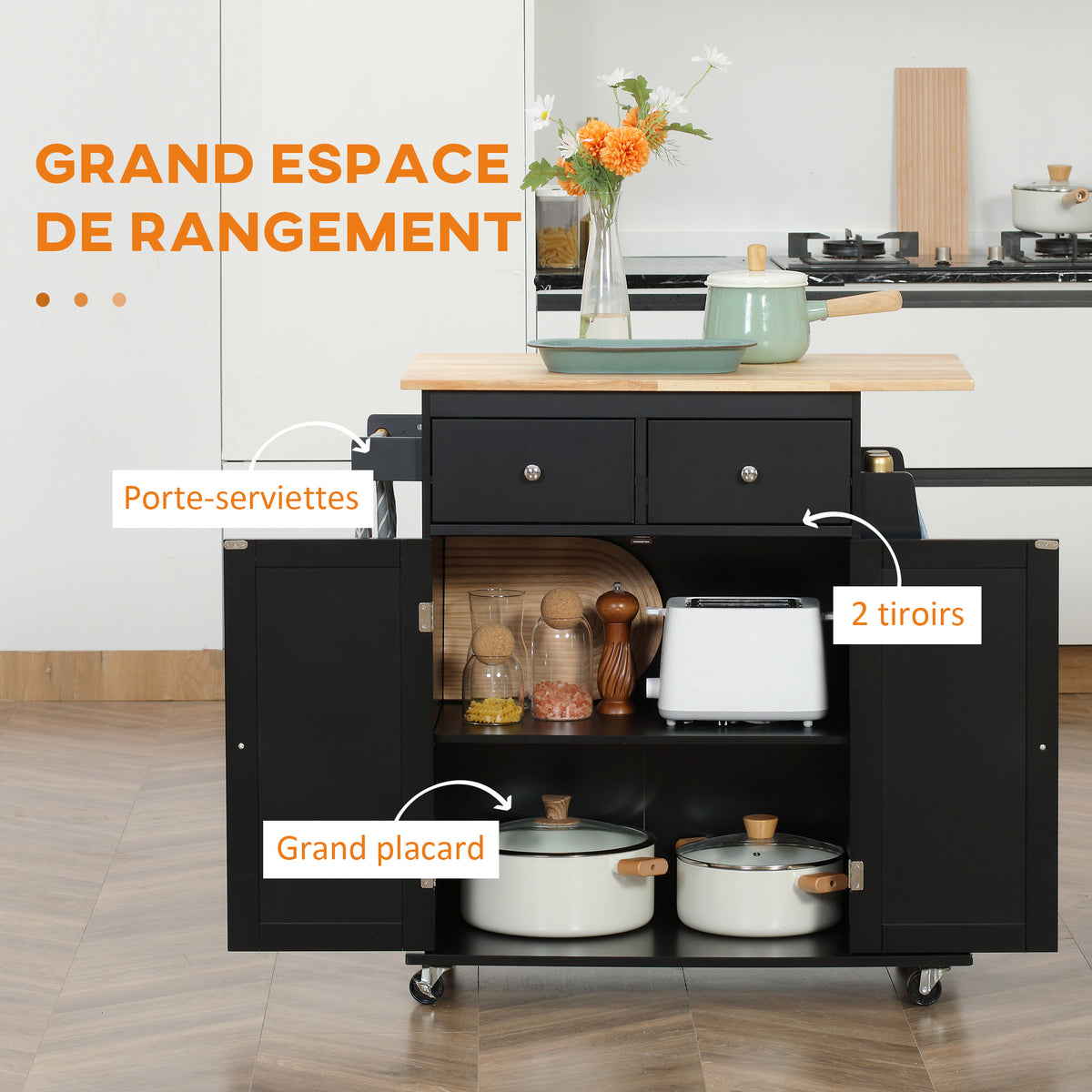 Desserte de cuisine ilôt cuisine avec plan de travail étagère range-bouteilles porte-torchons 2 tiroirs placard 2 portes MDF noir hévéa-3