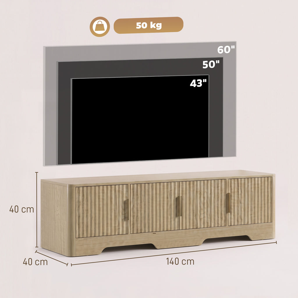 Meuble TV 140 cm, Meuble Télé pour Téléviseur jusqu'à 60 Pouces, 4 Portes Cannelées et Étagères Réglables, Chêne-2