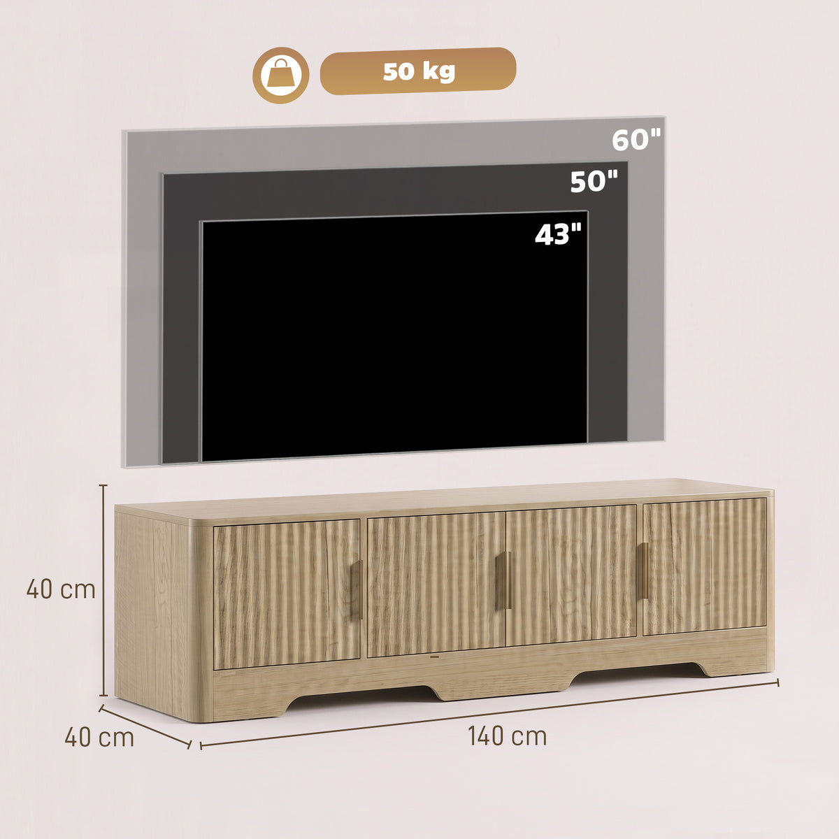 Meuble TV 140 cm, Meuble Télé pour Téléviseur jusqu'à 60 Pouces, 4 Portes Cannelées et Étagères Réglables, Chêne-2