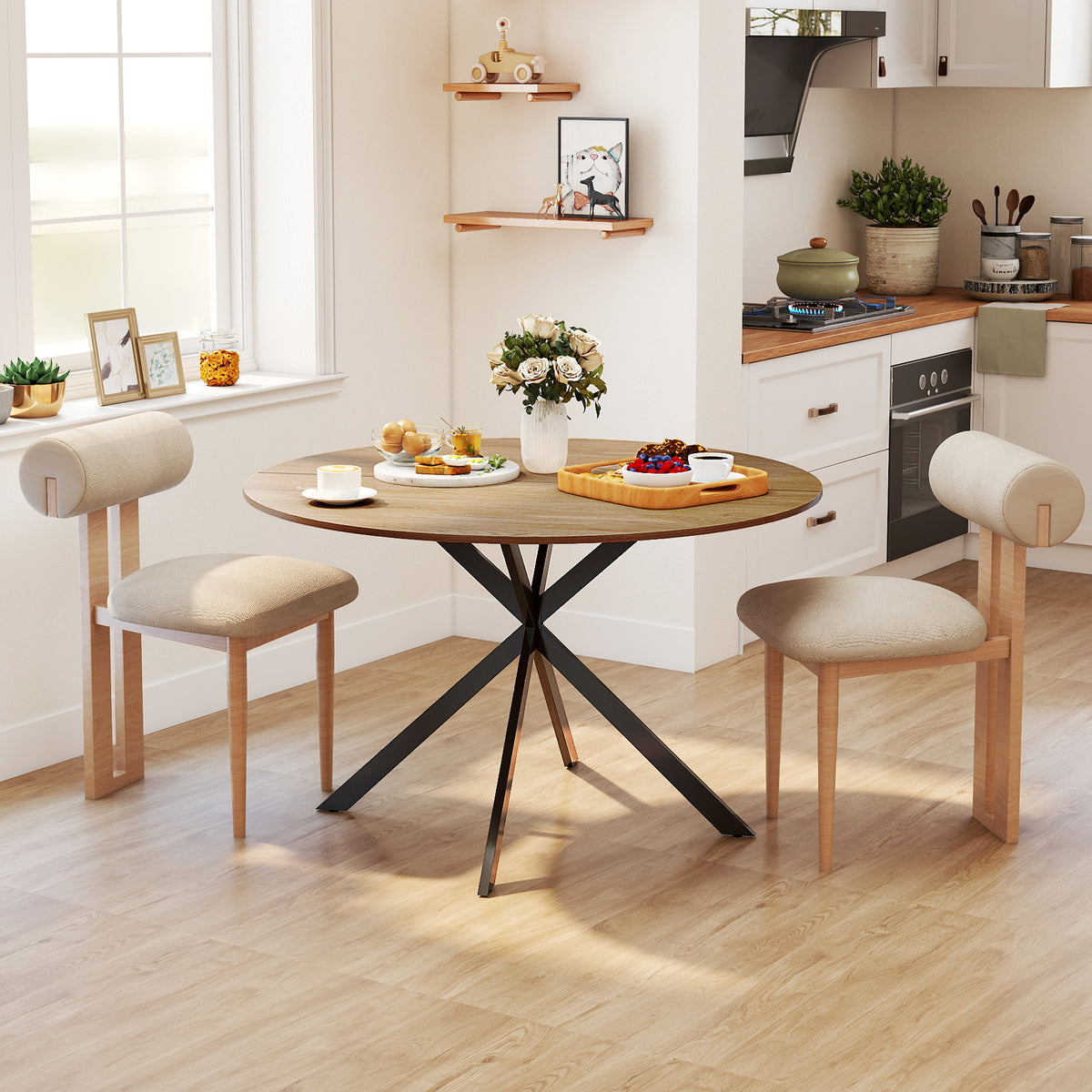 Table à manger ronde pour 4 personnes 120 cm style industriel avec plateau aspect bois, piètement croisé en acier, chêne-1