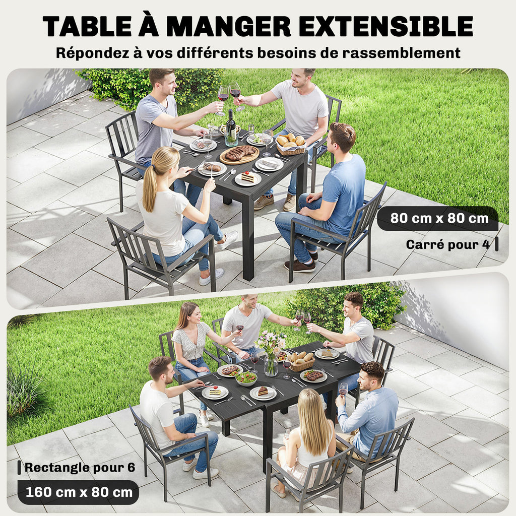 Table de jardin extensible table extérieur pour 4-6 personnes avec rallonge auto-stockée aluminium 80-160 x 80 cm noir-3