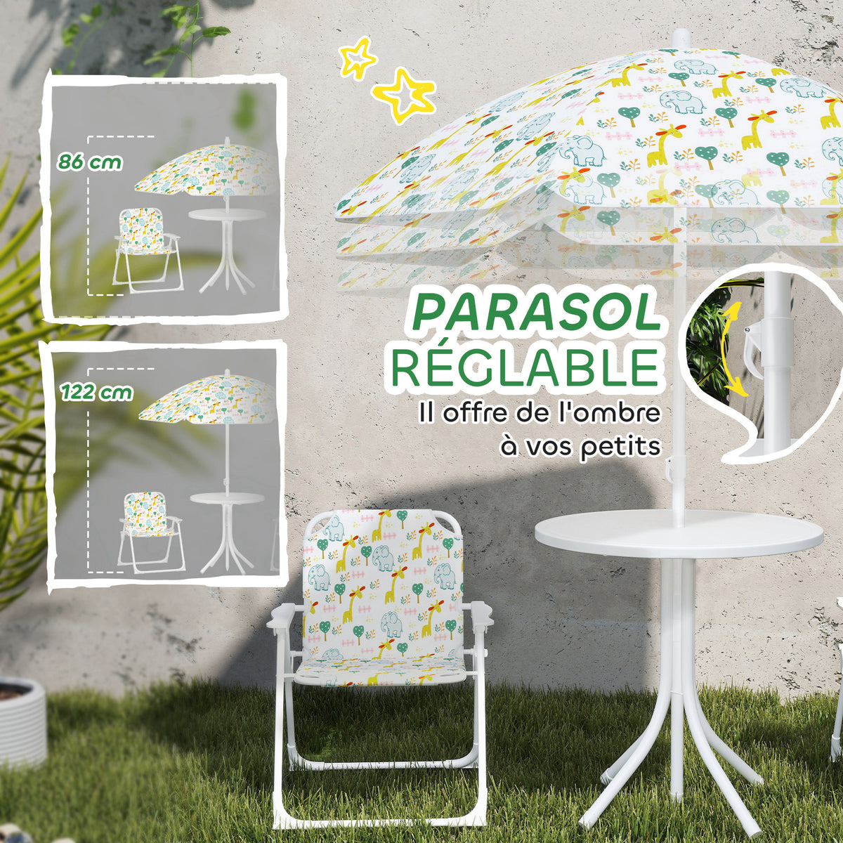 Ensemble salon de jardin extérieur enfant 4 pièces, motif éléphant et girafe, parasol réglable Ø 100 cm, chaise pliable-4