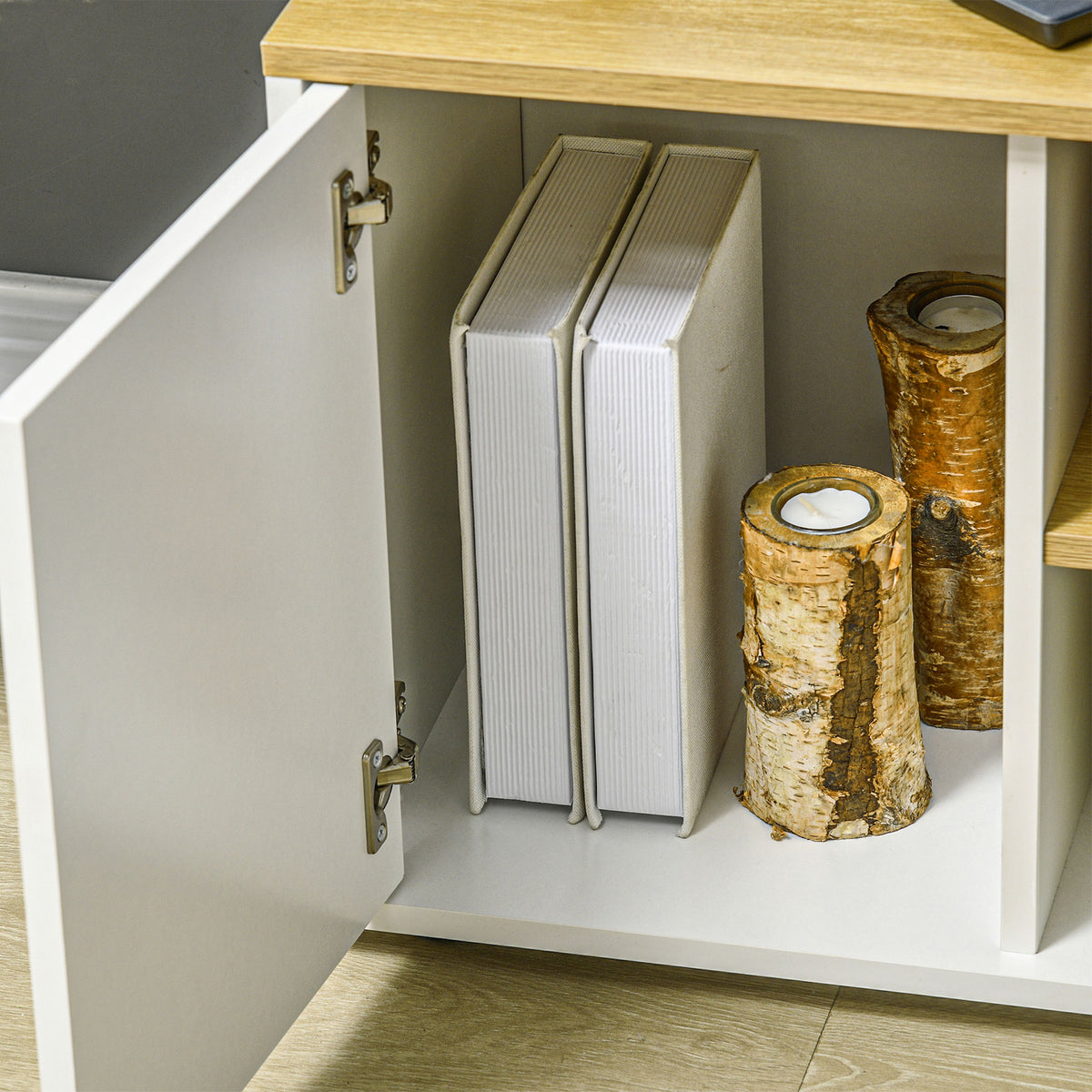 Meuble TV d'angle banc télévision jusqu'à 40 pouces avec rangements aspect bois clair et blanc-8