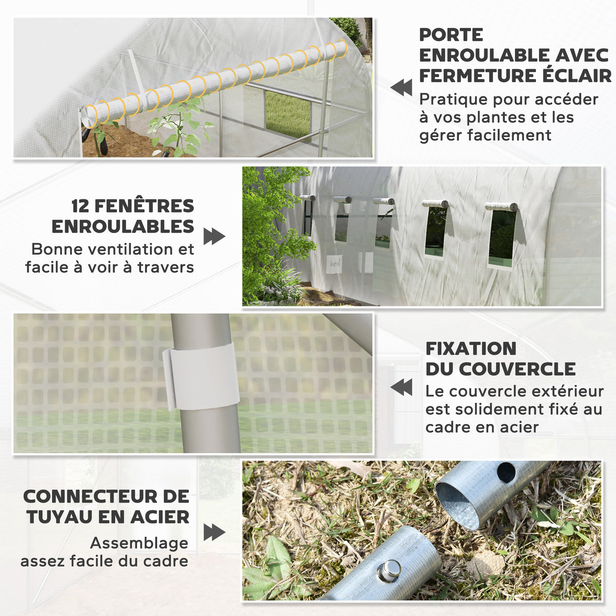 Serre de jardin tunnel grande taille avec bâche PE cadre en acier porte enroulable et 12 fenêtres 8 x 3 x 2 m blanc-4