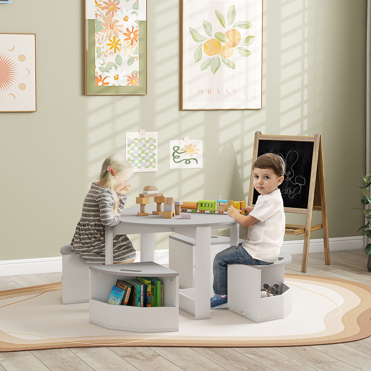 Table Enfant avec 4 Chaises 5 Pièces avec Rangement, Cadeau pour Fille Garçon 3-8 Ans, Ø 78 x 49 cm, Gris-1