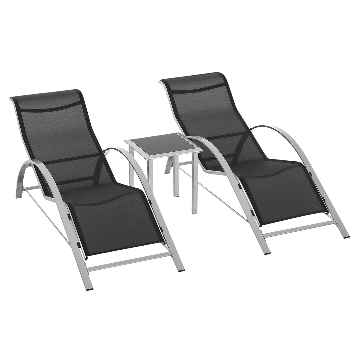 Lot de 2 bains de soleil design contemporain table basse plateau verre trempé métal époxy textilène gris foncé-0