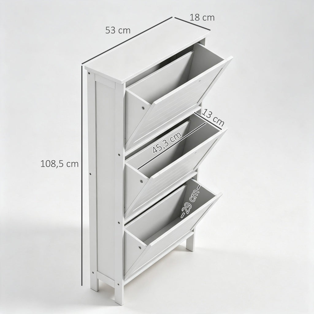 Meuble à Chaussures 6 Paires, Armoire à Chaussures Étroite Moderne, 3 Tiroirs Rabattables et Portes Persiennes, Blanc-2