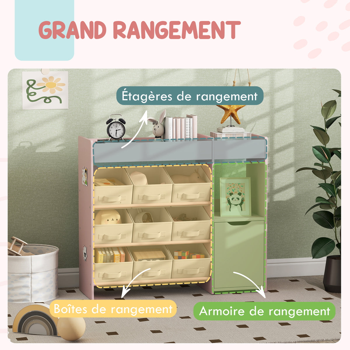 Meuble rangement enfant étagère de rangement pour jouets enfants avec 9 tiroirs en tissu et placard, rose-3