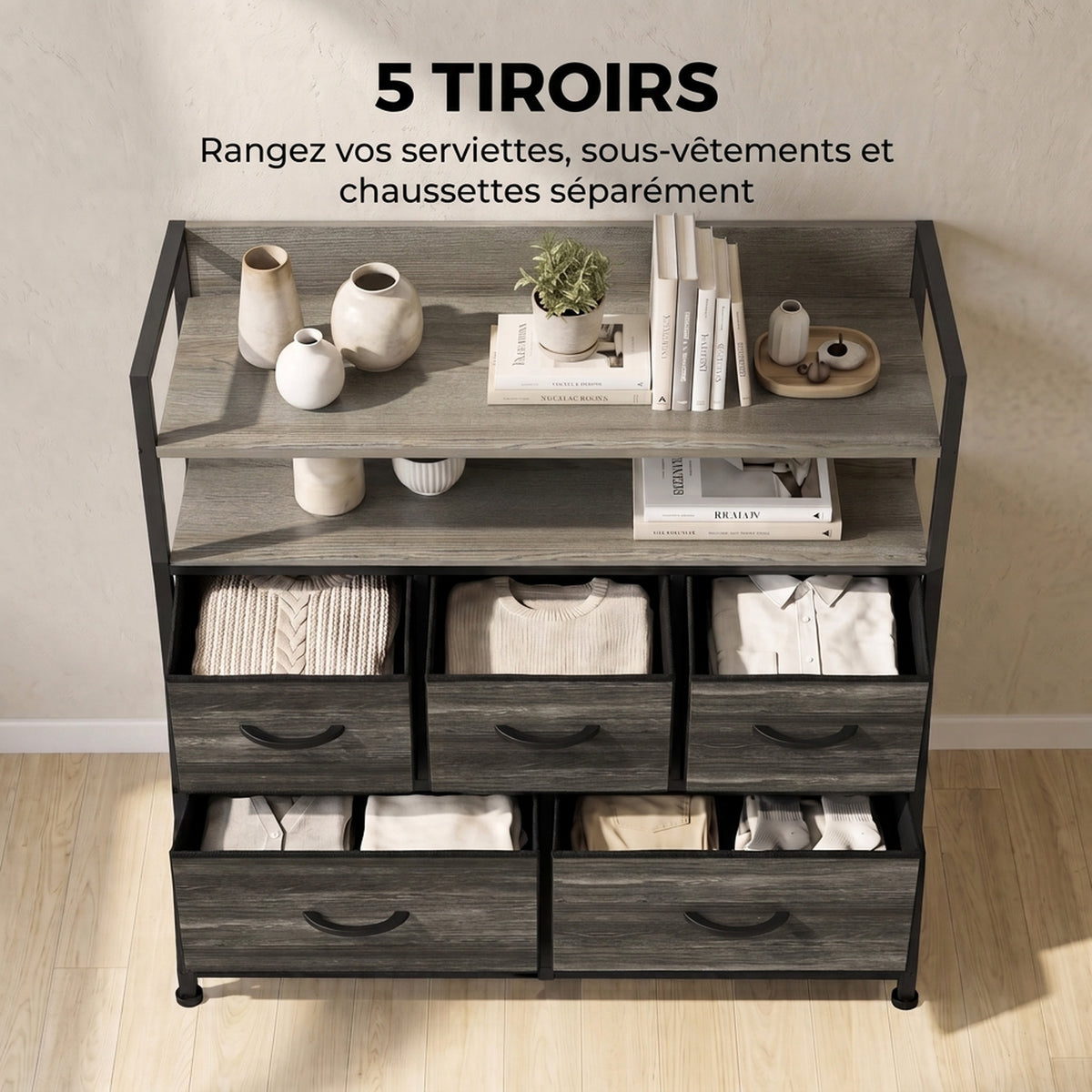 Commode 5 Tiroirs en Tissu Pliables, Meuble de Rangement avec Étagères Ouvertes, Plateau Supérieur, Gris-3