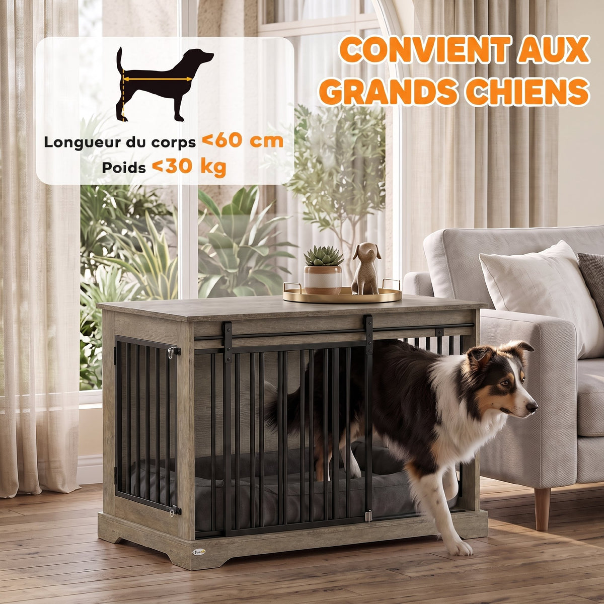Cage pour Chien en Bois et Acier avec Porte Coulissante, Table d'Appoint, Niche Moderne, 100x60x68cm, Effet Bois Gris-3