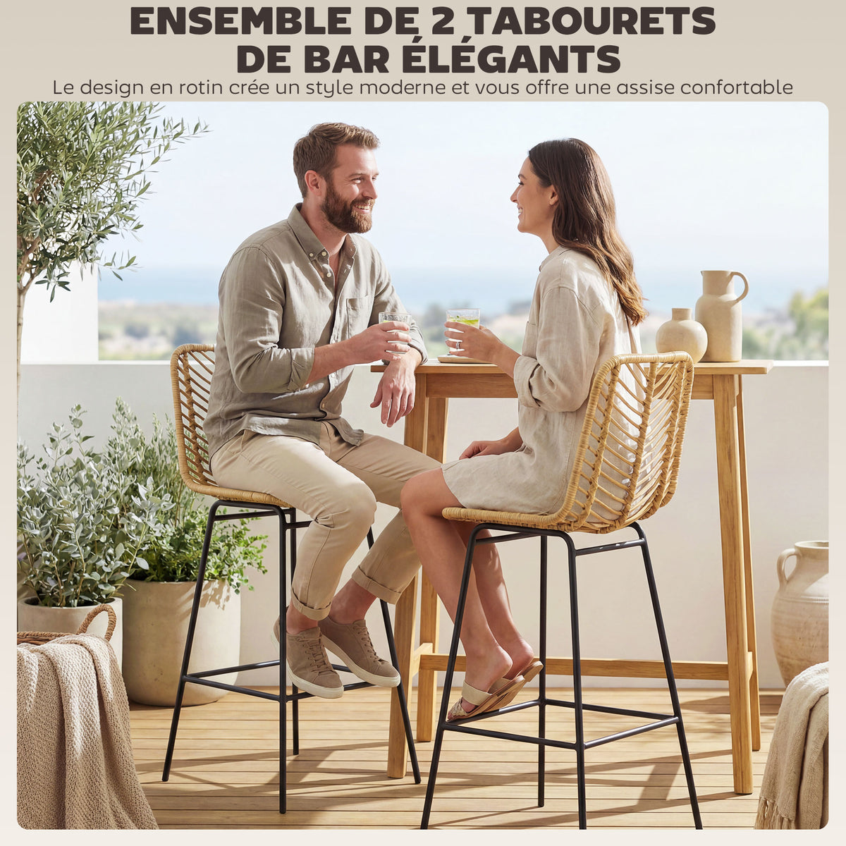 Lot de 2 tabourets de bar design bohème Hauteur 66 cm avec repose-pieds métal et rotin PE - naturel-4
