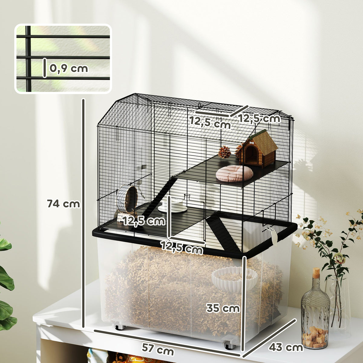 Cage hamster cage rongeur 3 étages avec roulettes plate-forme et échelle en fil d'acier 57 x 43 x 74 cm noir-2