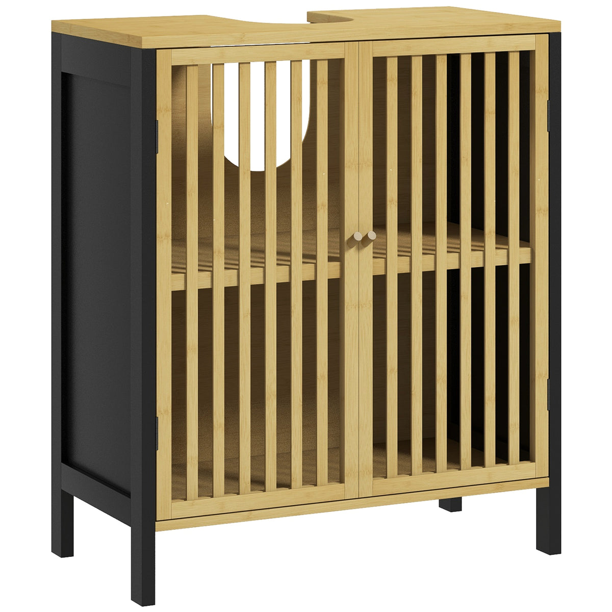 Meuble sous vasque 2 portes avec étagère réglable armoire de rangement pour lavabo 60 x 30 x 70 cm MDF et bambou-0