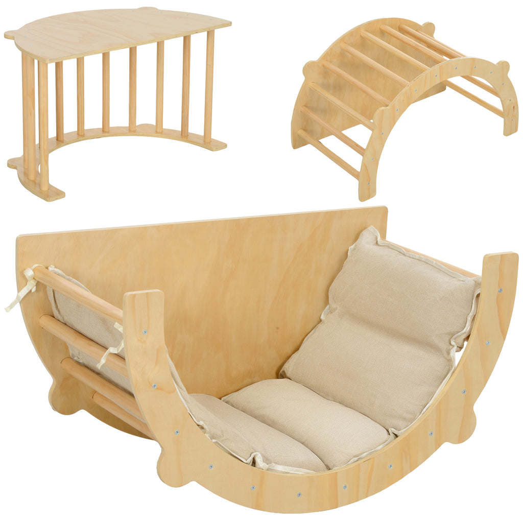 3 en 1 Arche d'escalade fauteuil à bascule et table de jeu coussin, en bois naturel, pour enfants de 18 à 48 mois-0