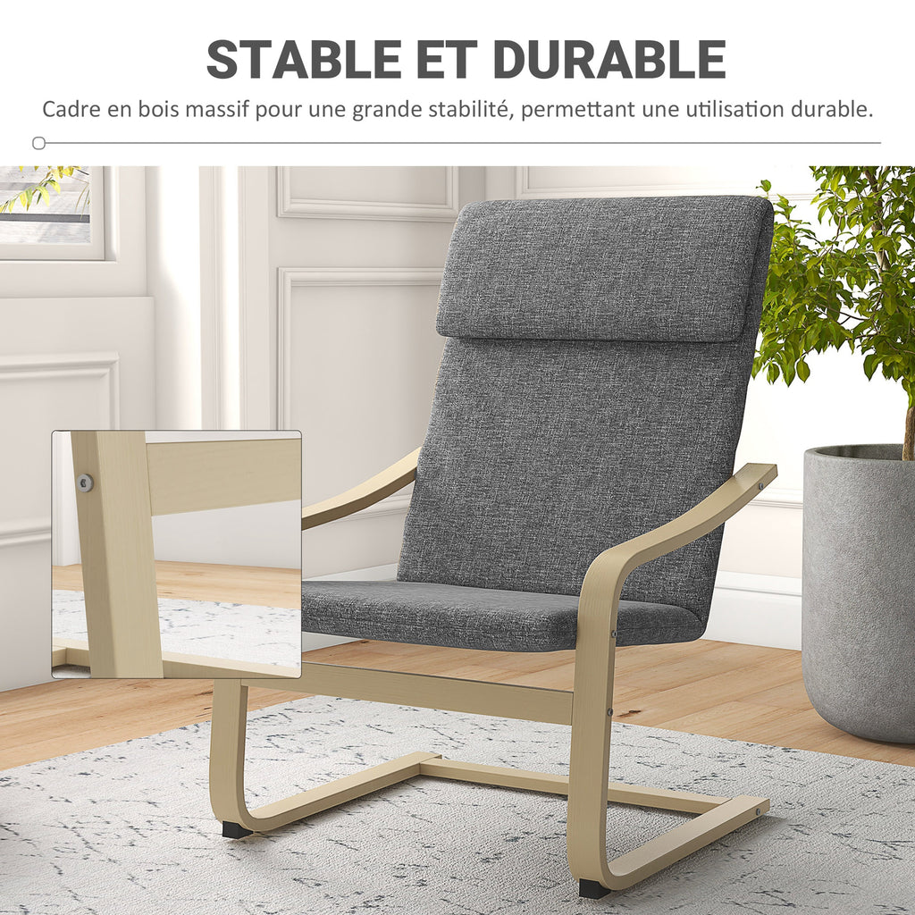 Fauteuil de salon, fauteuil chambre avec accoudoirs incurvés, coussin, tissu aspect lin, 65 x 79 x 98 cm, gris-3