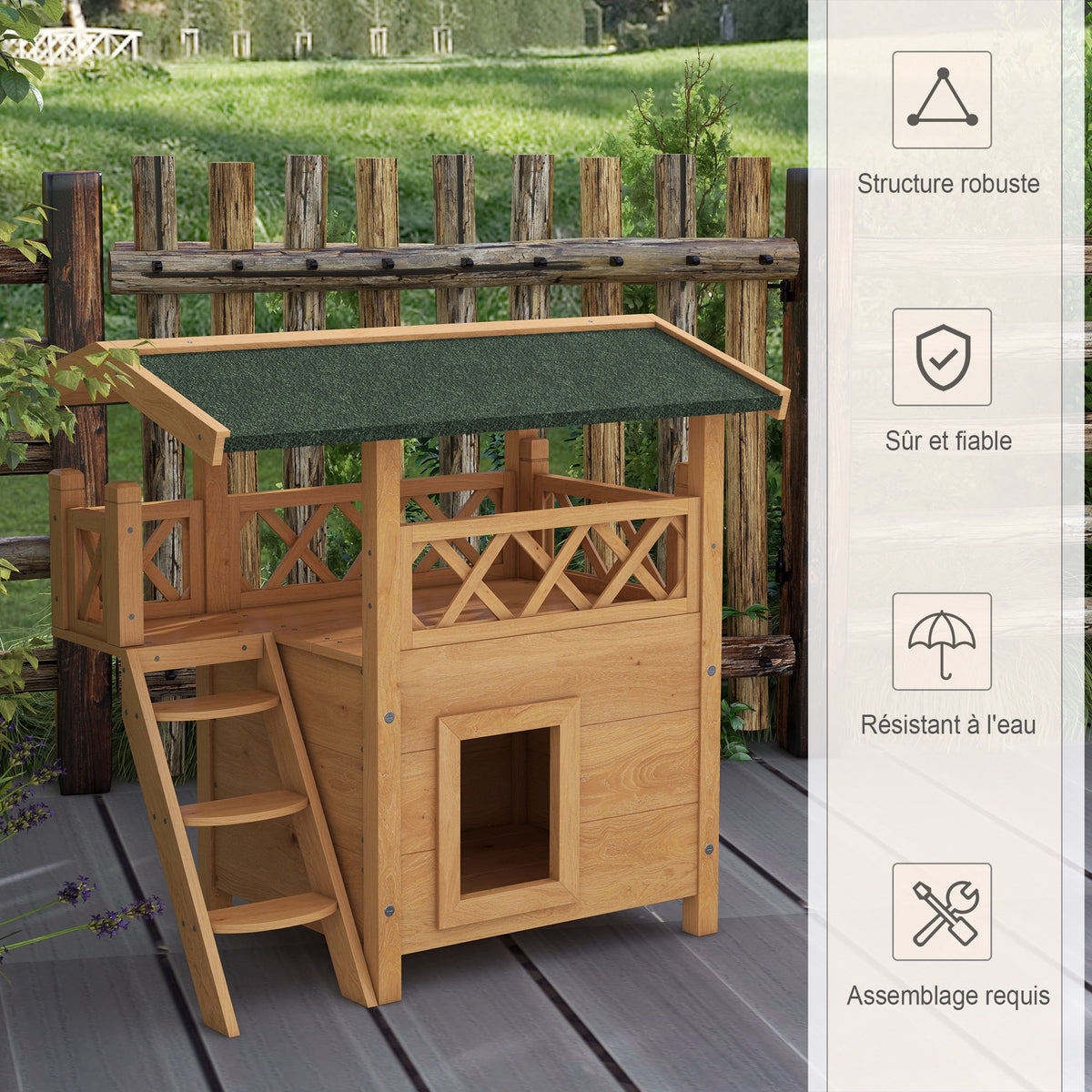Cabane Chat Extérieur avec Terrasse, Escalier, Toit, Niche Villa, 77 x 50 x 73 cm Bois Naturel et Vert-5