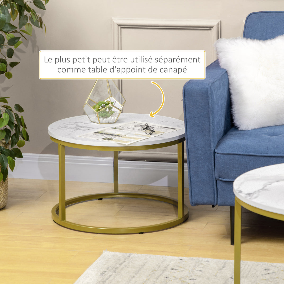 Lot de 2 tables basses gigognes tables rondes plateau aspect marbre et pied en acier Ø 74 x 46,3 cm blanc doré-4