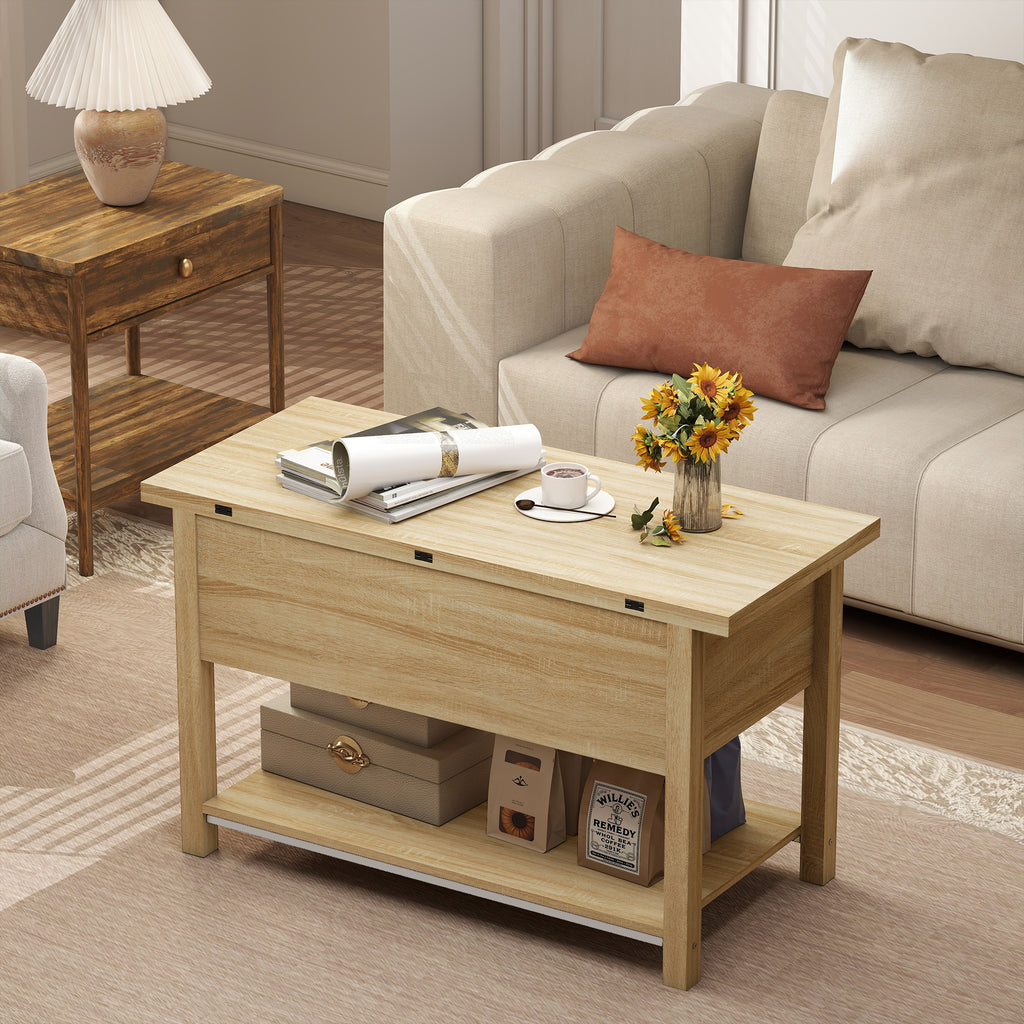 Table basse relevable et extensible table de salon avec compartiment caché étagère ouverte 100x45x50,5cm bois naturel-9