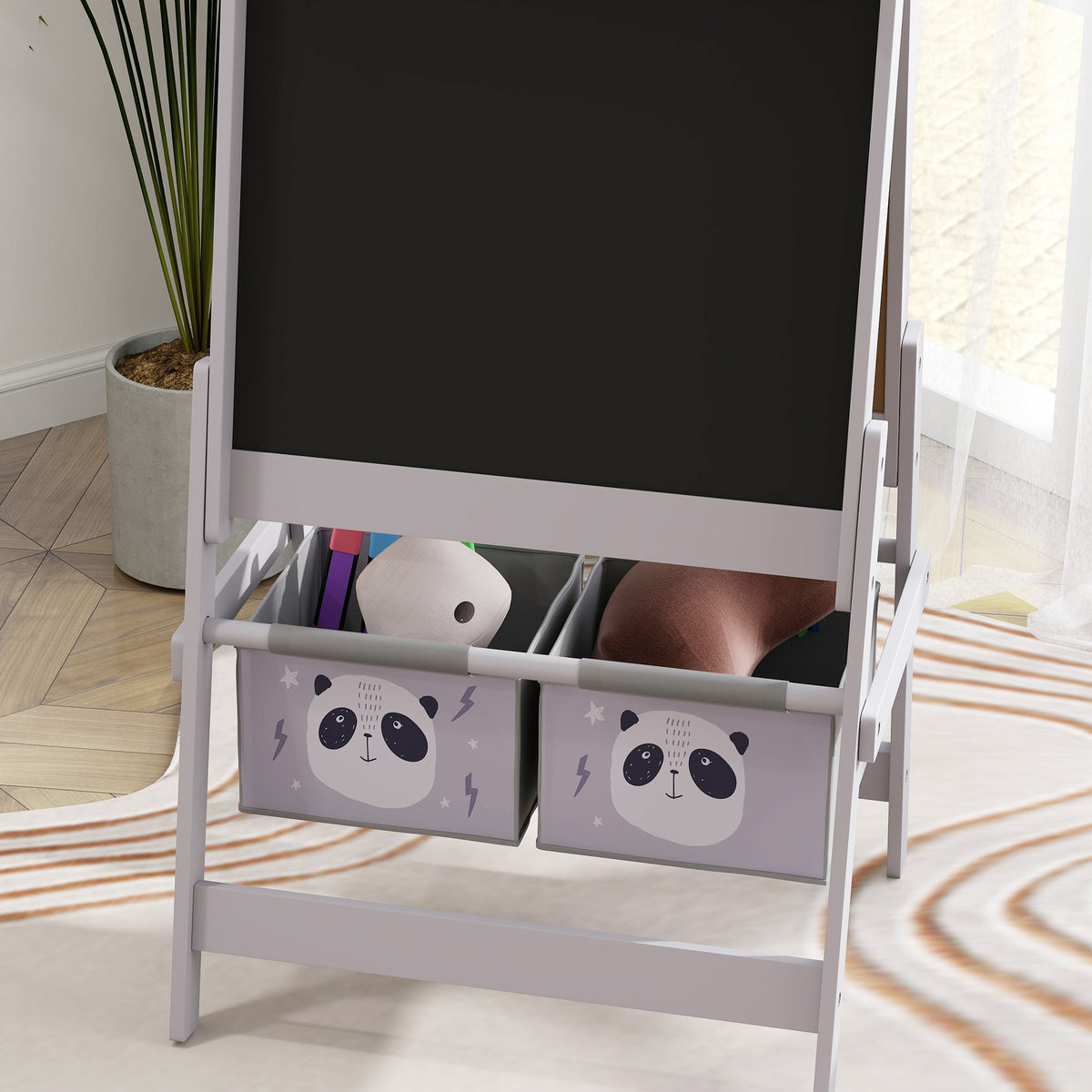 Tableau chevalet enfant ardoise double face tableau à craie rouleau papier 2 paniers 54 x 46,5 x 93 cm gris-8