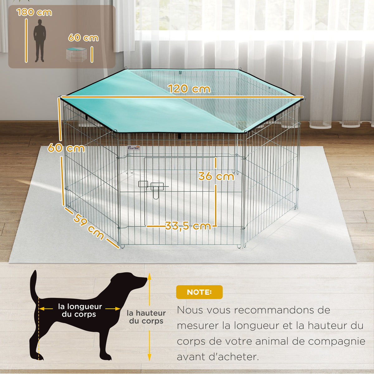 Parc pour chien, enclos chien 6 panneaux avec toit, modulable et pliable, enclos portable 60H cm avec porte, clôture pour chat, chiens de petit taille, intérieur et extérieur, argent, vert-2