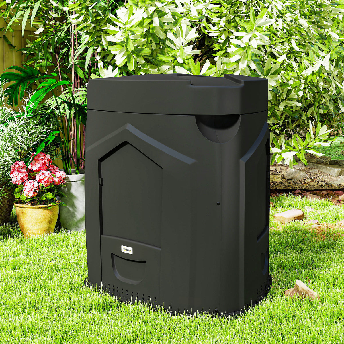 Composteur de jardin, 240L, bac à compost extérieur, en polypropylène, 3 Portes, 66 Aérations, 78 x 75 x 78 cm, Noir-9