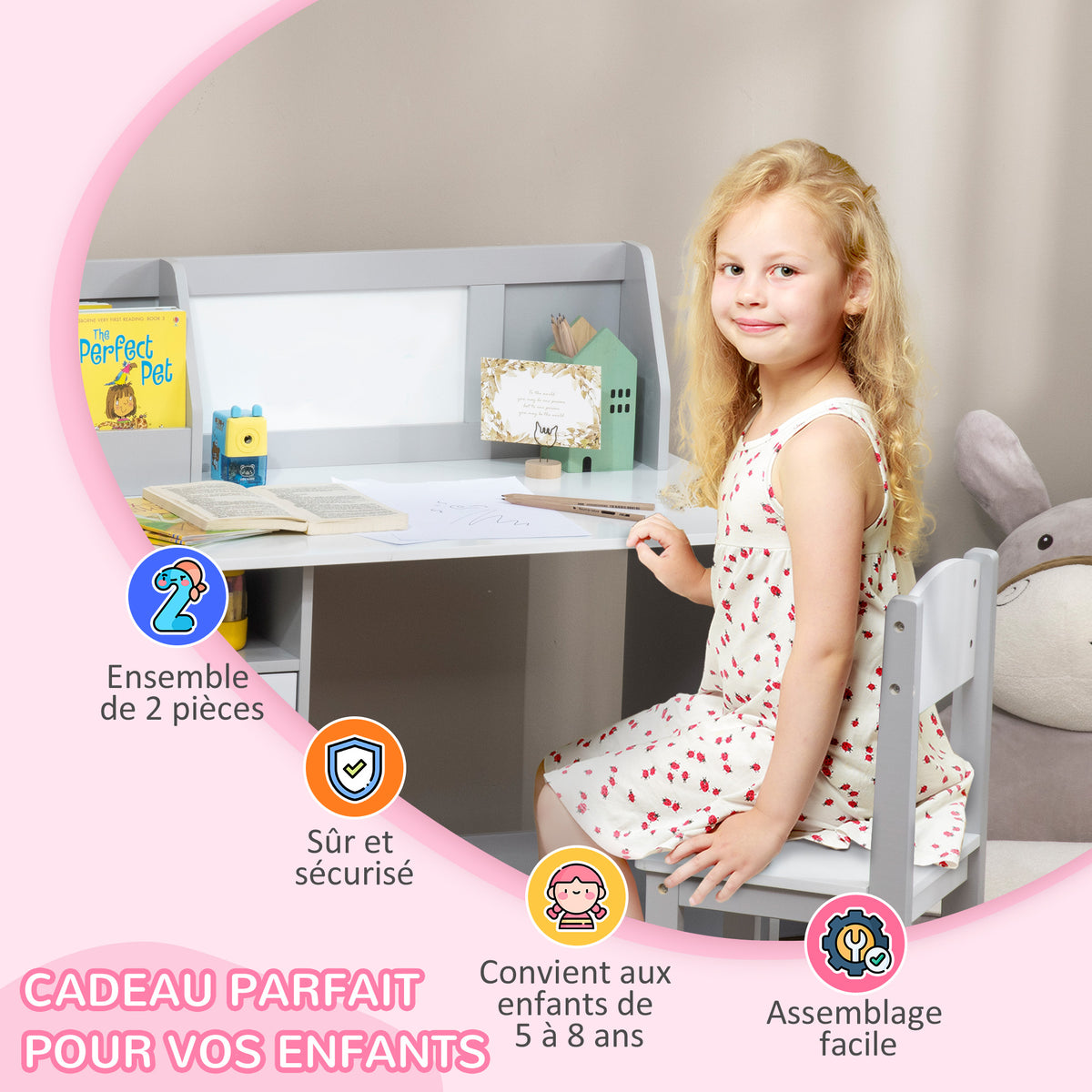 Ensemble table et chaise pour enfant avec tableau blanc - bureau pour enfant +5 ans - 90L x 45l x 85H cm Gris-5