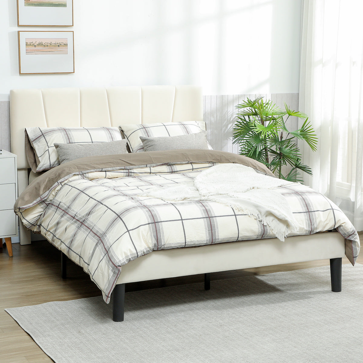 Cadre de lit double 140 x 190 cm lit 2 personnes tête de lit réglable sommier 150 x 198 x 101/106/111/116/121 cm crème-1