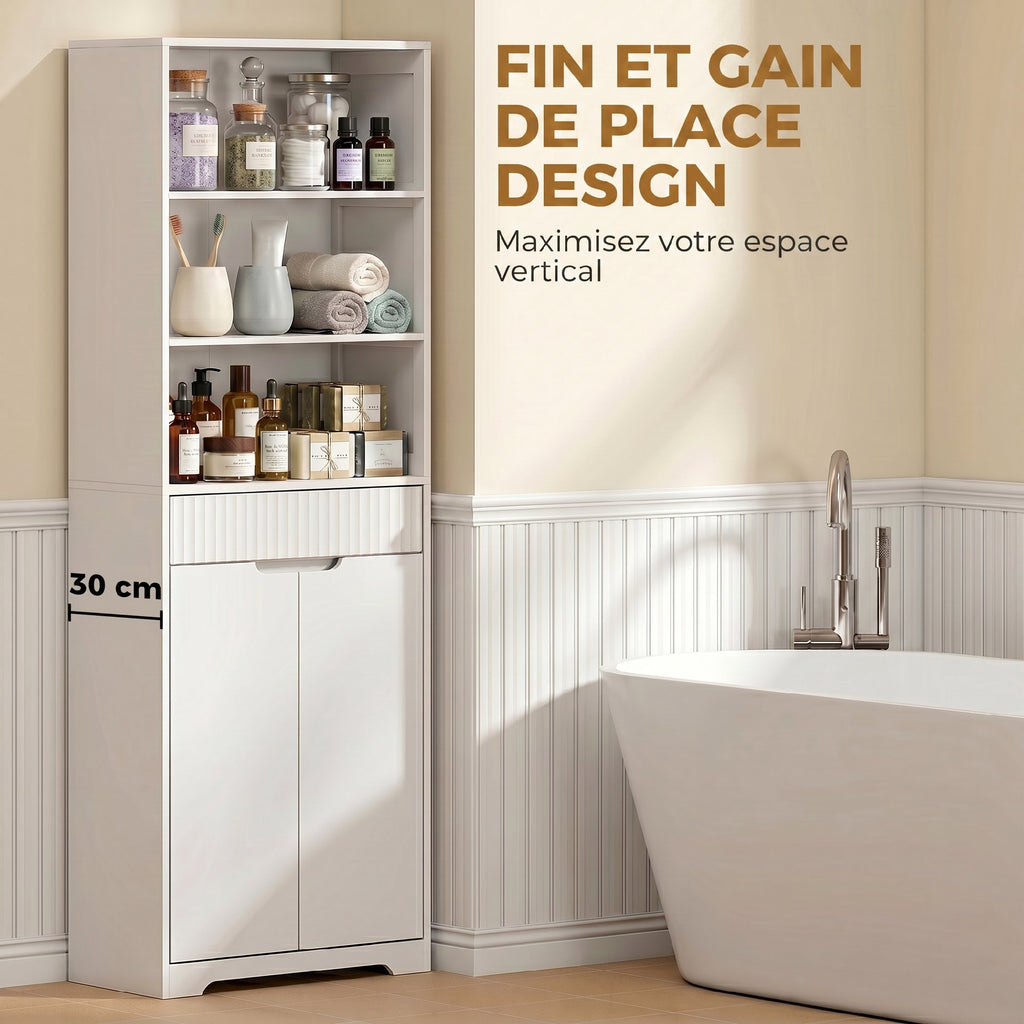 Meuble de salle de bain haut, 2 portes à fermeture douce, tiroir, 3 compartiments ouverts et étagères réglables, blanc-5