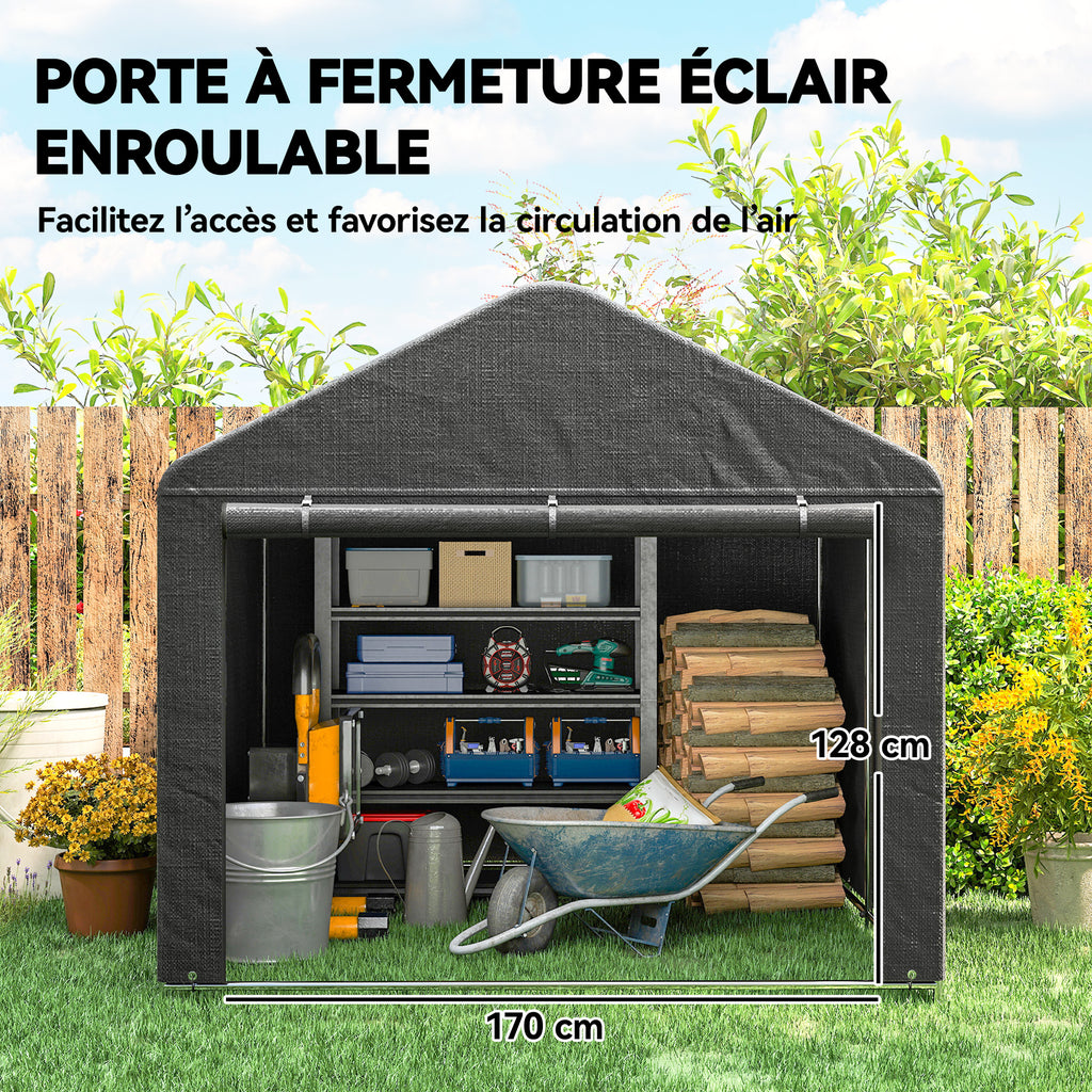 Abri de jardin tente de stockage imperméable abri moto porte enroulable fermeture éclair, 200 x 238 x 183 cm, gris foncé-4
