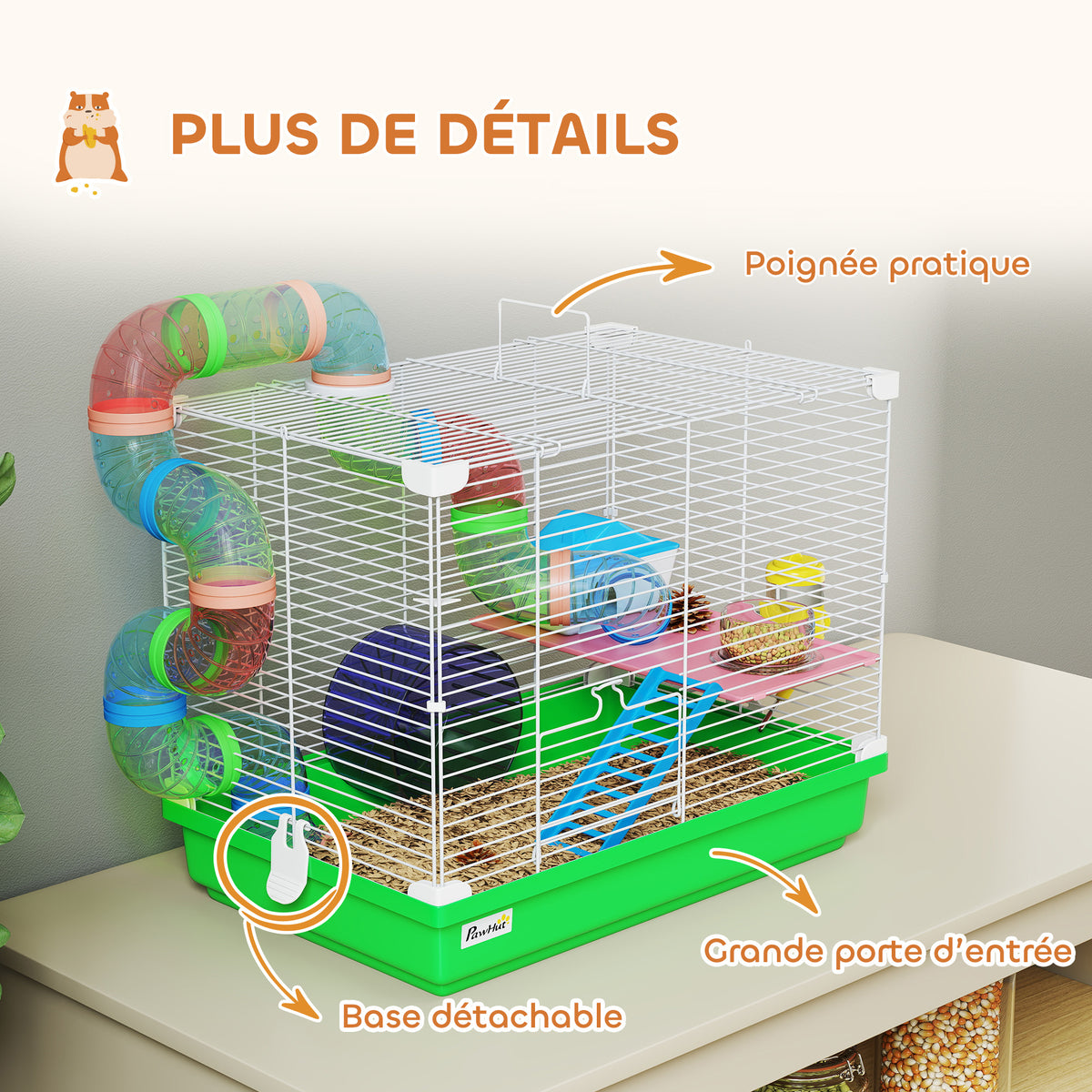 Cage à hamster rongeur 2 niveaux avec tunnel, biberon eau, roue, maisonnette, échelles 46 x 30 x 37 cm vert-5