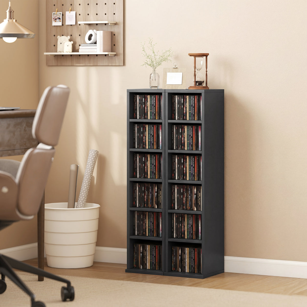 Lot de 2 étagères colonnes armoire de rangement CD-DVD 12 compartiments 21 x 22,5 x 88,5 cm capacité 204 CD noir-1