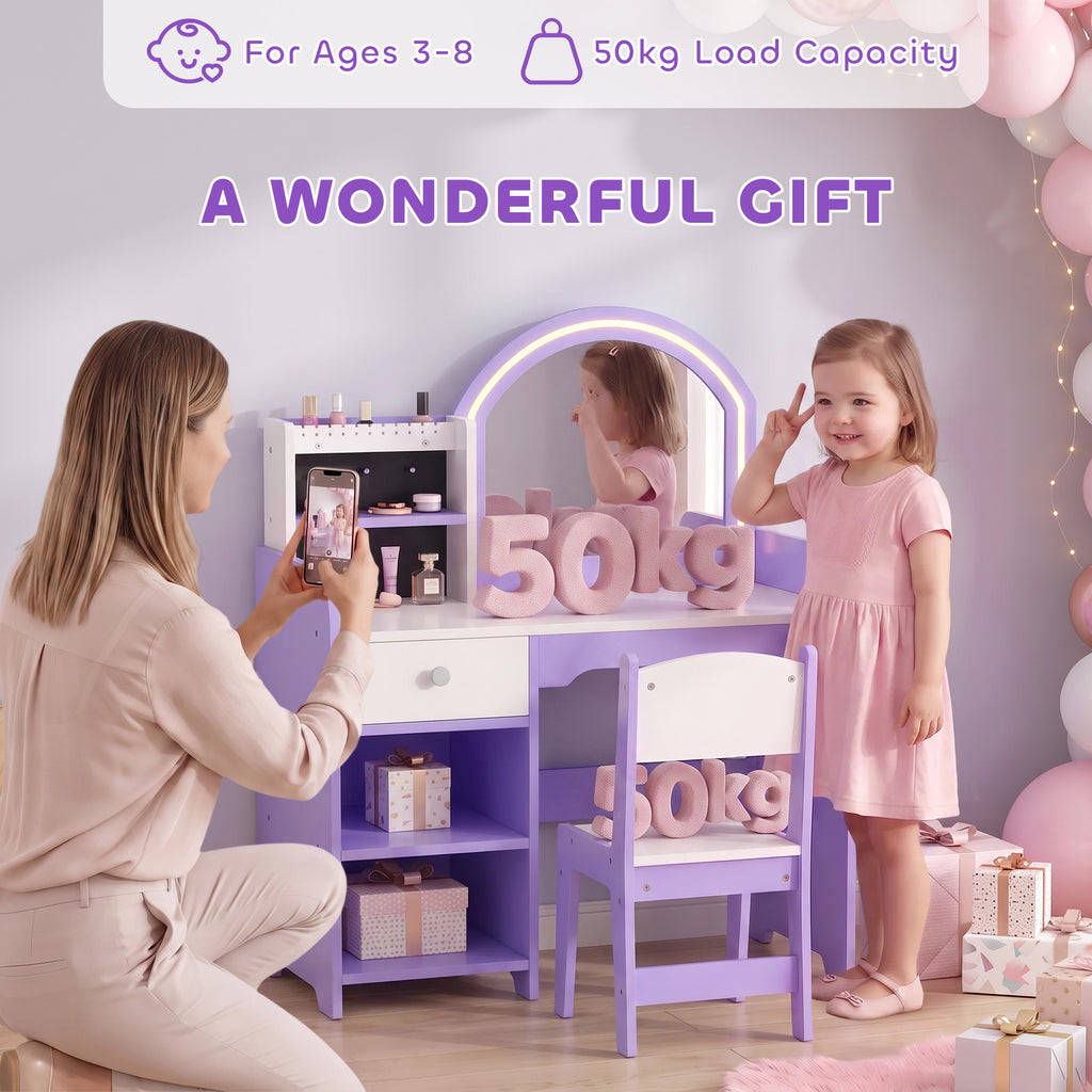 Coiffeuse pour Enfants avec Tabouret et Miroir en Acrylique à Éclairage Bicolore Coiffeuse Bureau Fille 3-8 Ans Violet-7