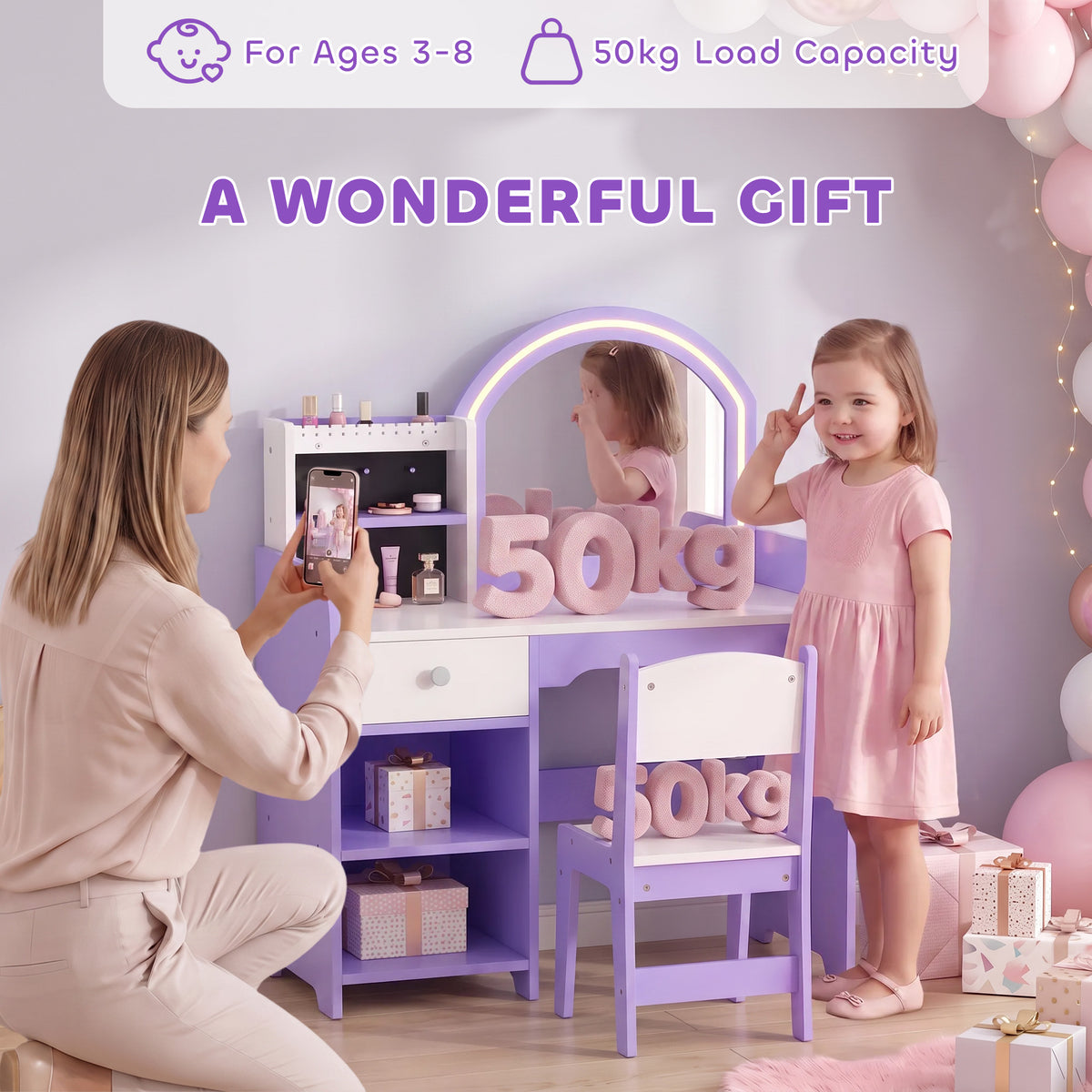 Coiffeuse pour Enfants avec Tabouret et Miroir en Acrylique à Éclairage Bicolore Coiffeuse Bureau Fille 3-8 Ans Violet-7
