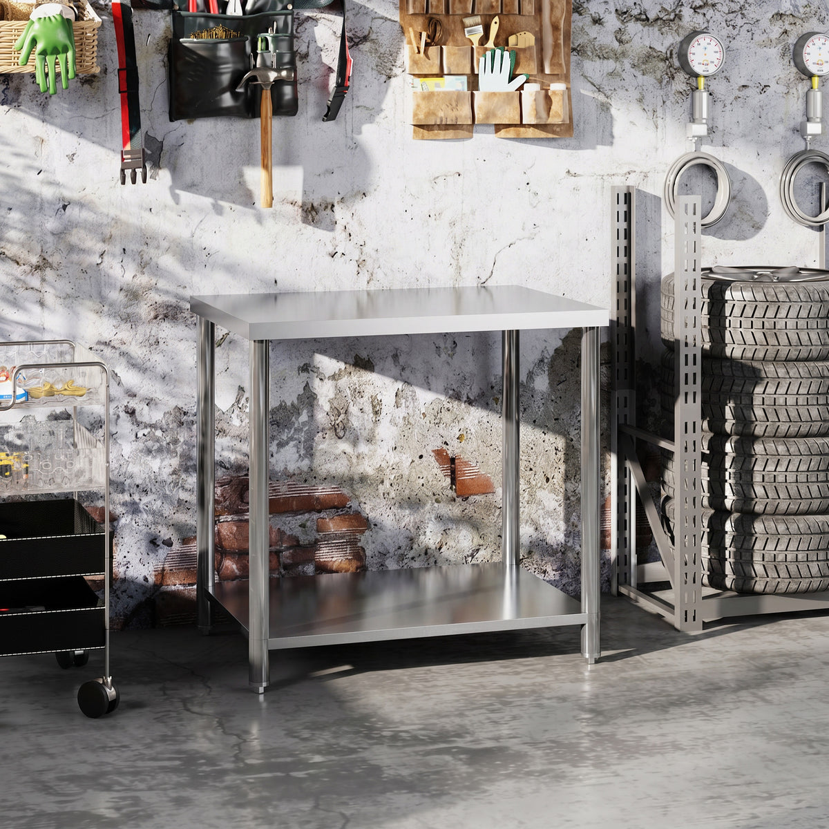 Table de travail en acier inoxydable 2 étagère, pour cuisine, garage, jardin, 90 x 60 x 86 cm, argenté-1
