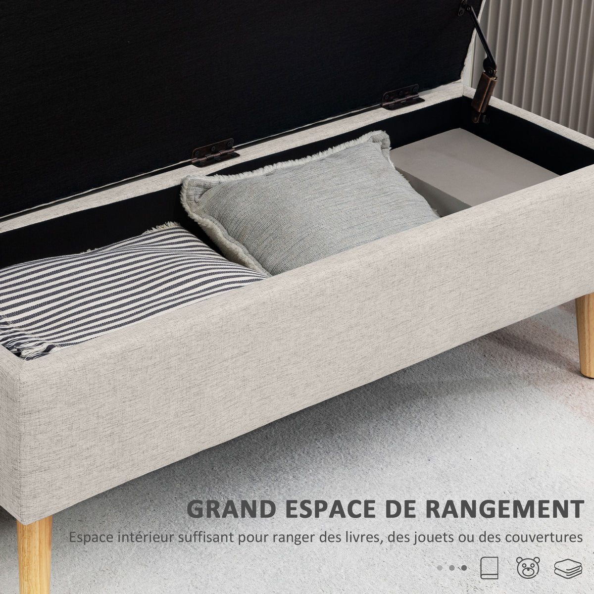 Banc coffre rangement rembourré aspect lin pour chambre à coucher, entrée, salon, charge 220 Kg, 110 x 39 x 45 cm, beige-3
