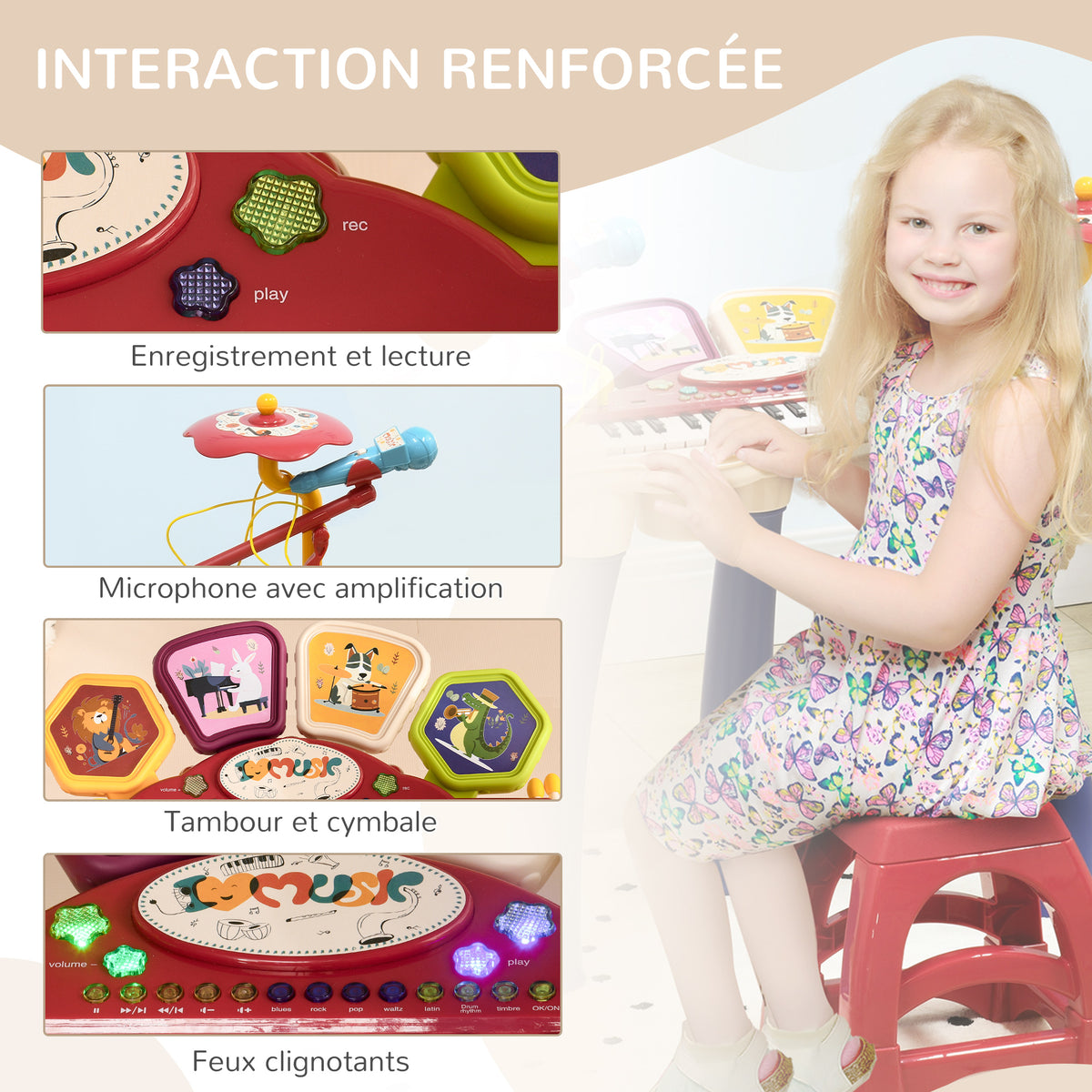 Ensemble de musique 2 en 1 pour enfant piano et batterie électronique avec micro et tabouret-4