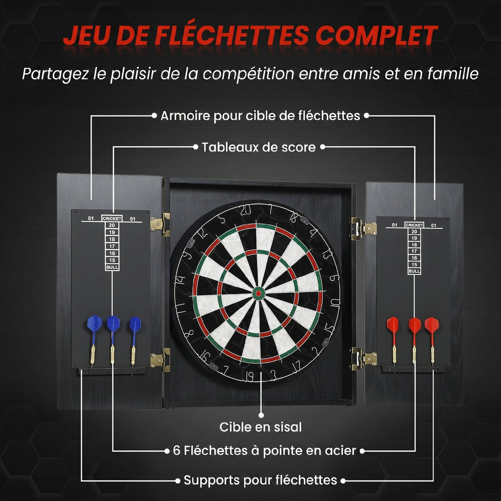 Cible de Fléchettes en Sisal avec Cabinet, 6 Fléchettes Pointe Acier et 2 Tableaux de Score, 100x55x9cm, Noir-3