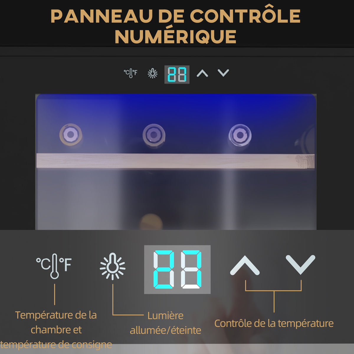 Cave à vin 24 bouteilles 65L haute performance température réglable 5-20° avec lumière LED panneau contrôle tactile noir-5