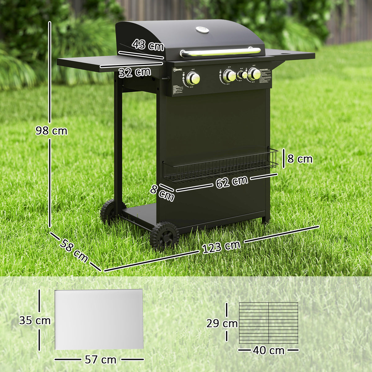 Barbecue gaz 3+1 brûleurs en acier, puissance 9,5 kW, barbecue de jardin 2 grilles étagères latérales, 2 roues, noir-2