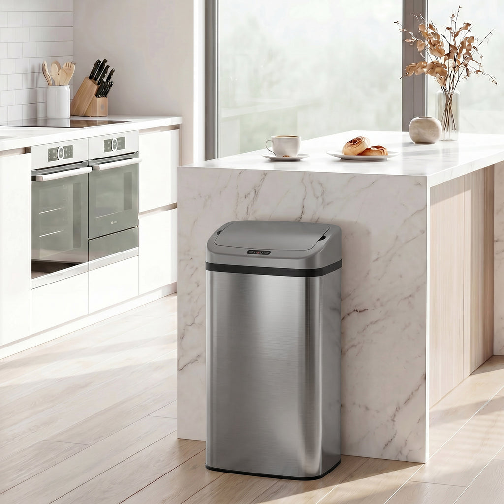 Poubelle de cuisine automatique 48L en acier inoxydable, couvercle à fermeture en douceur, 33x25x69cm, argent-1