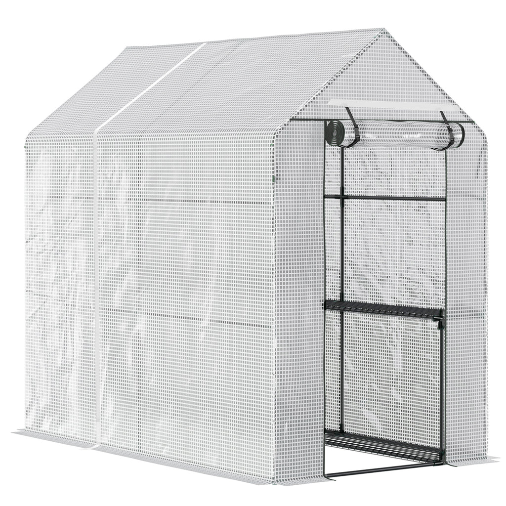 Serre de jardin PE avec étagère 2 niveaux, serre de balcon, bâche renforcée 140 g/m², acier, porte zippée-0