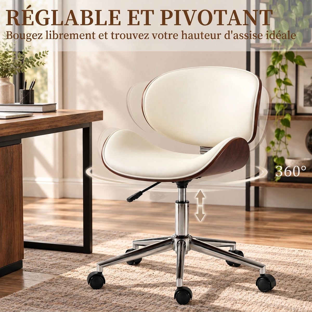 Chaise de Bureau Design Vintage, Hauteur Réglable, Pivotant 360°, Revêtement Synthétique, 53x53x87cm, Crème-4