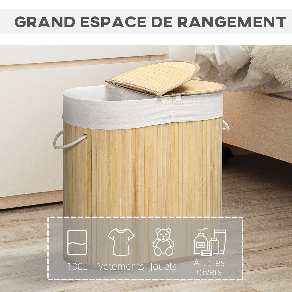 Panier à linge en bambou 100L avec 2 sections couvercle et sac amovible 62,5 x 37 x 60,5 cm - naturel-3