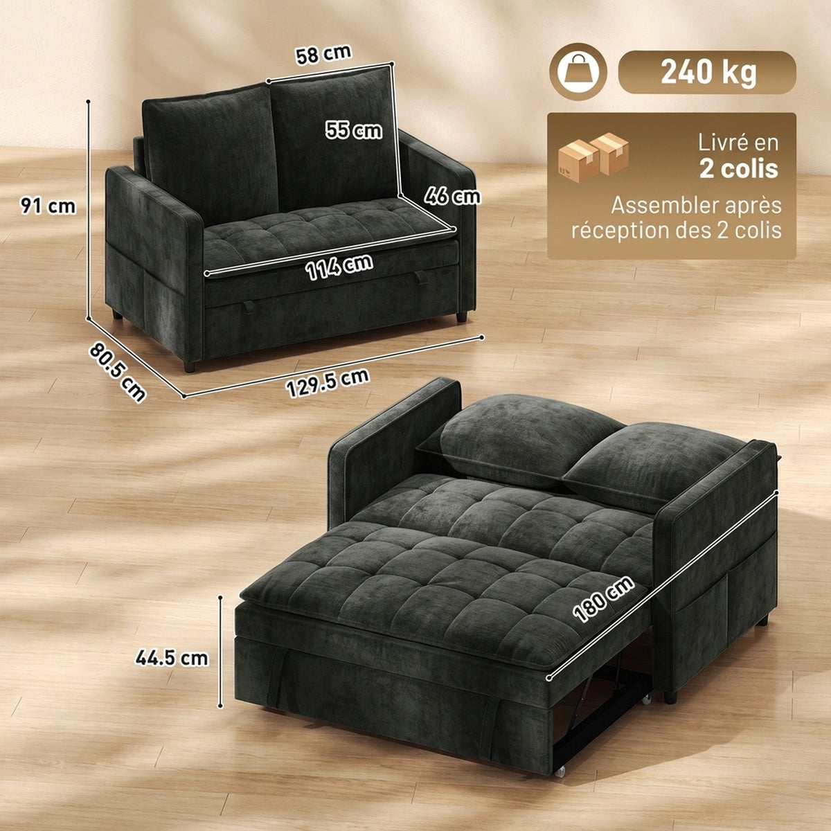 Canapé Convertible 2 Places, Canapé-Lit Clic-Clac 130 cm, Dossier Réglable, Poches Latérales, Gris Foncé-2