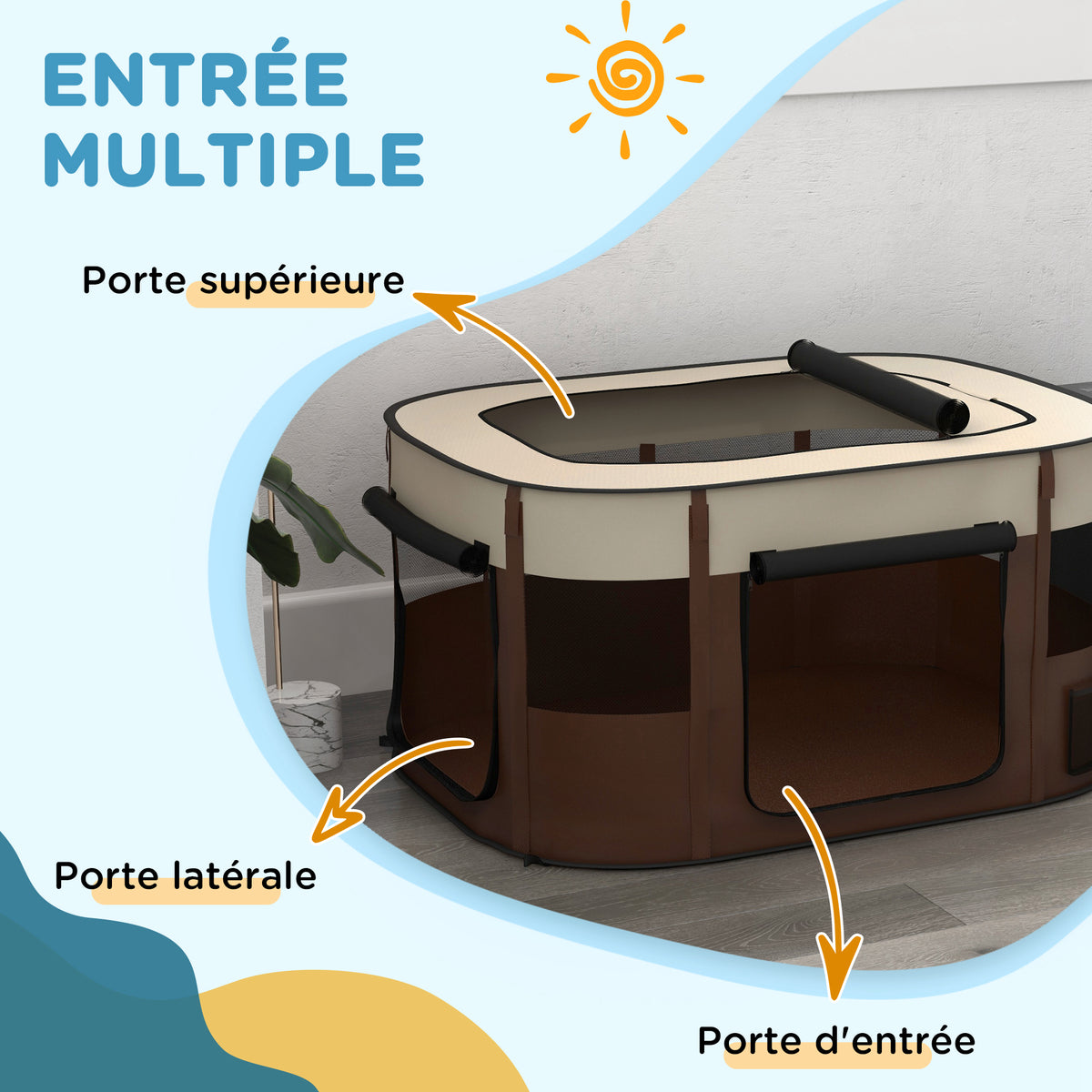 Parc pliable pour animaux de compagnie parc pour chiots en tissu Oxford avec fenêtres et portes sac de rangement marron-4